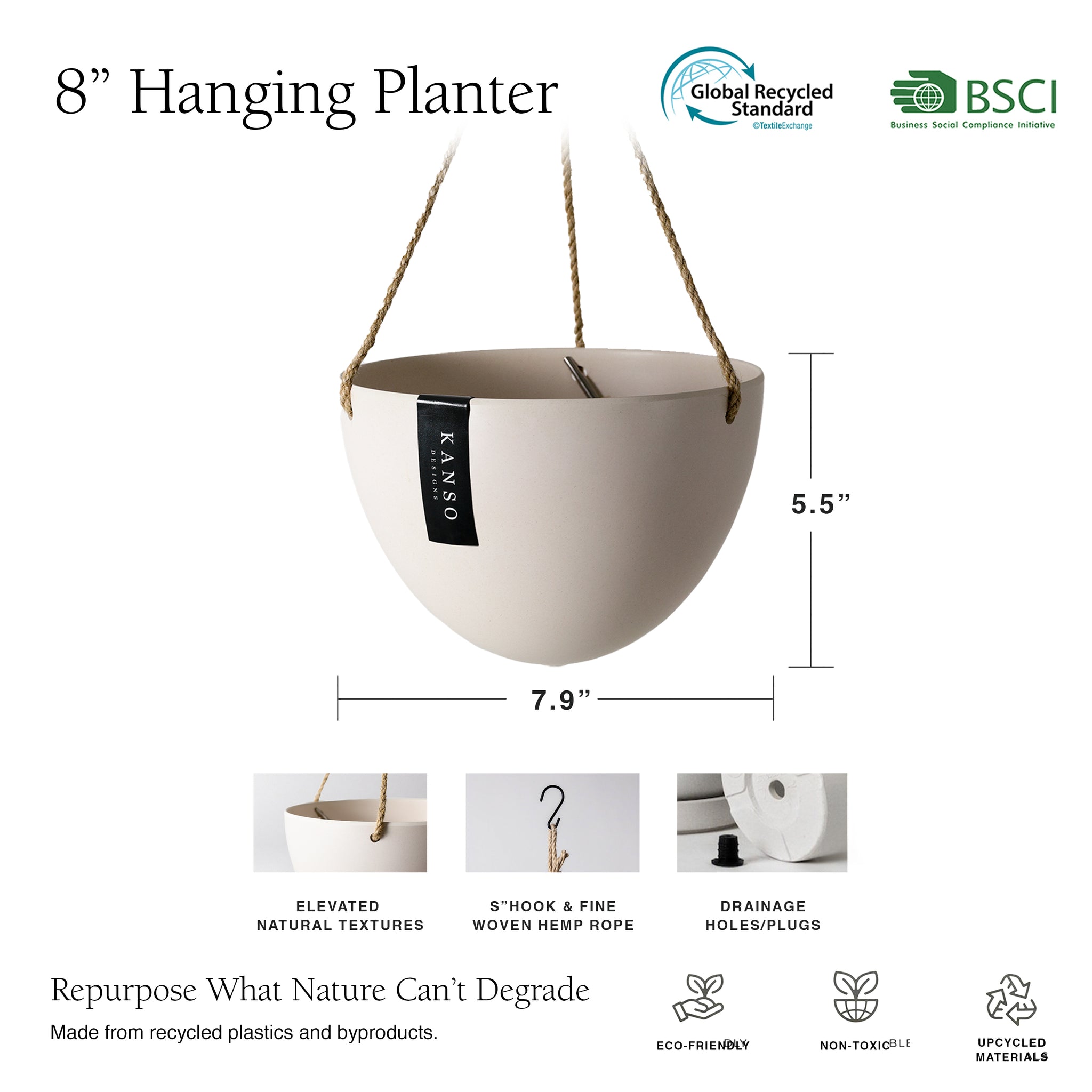 8 hanging planter 8" Upcycled Hanging Planters Bamboo Fibre (White)