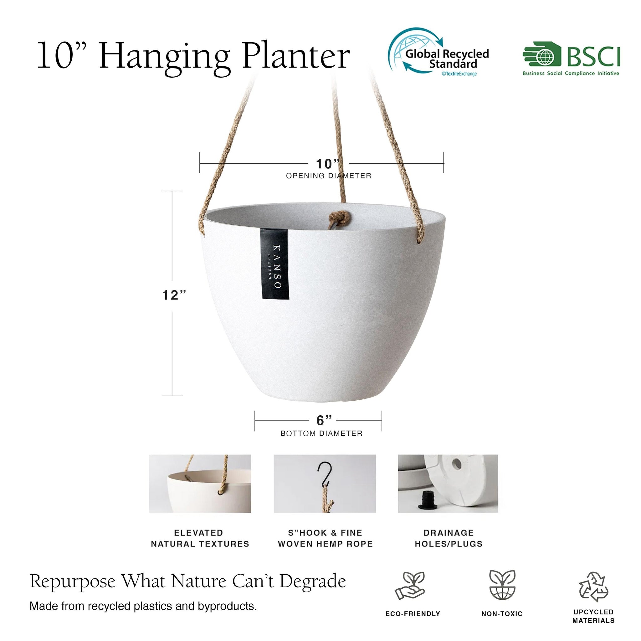 ecopots hanging planter 10" Hanging Planter Pot with Drainage Hole & Plug Muted Coral